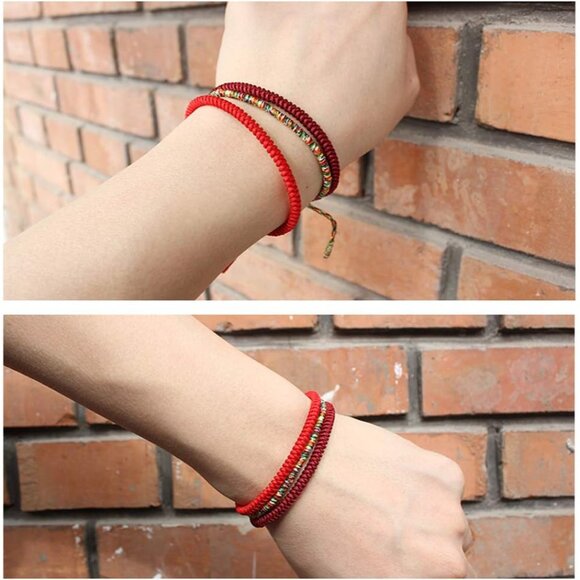 Handmade Tibetan Buddhist Prayer Rope Bracelet - Adjustable Red String for All - Picture 7 of 8